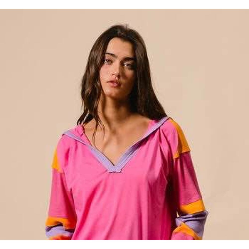 BiBi Women’s Small Cropped Color Block Jersey Knit Ribbed Knit Hooded Top